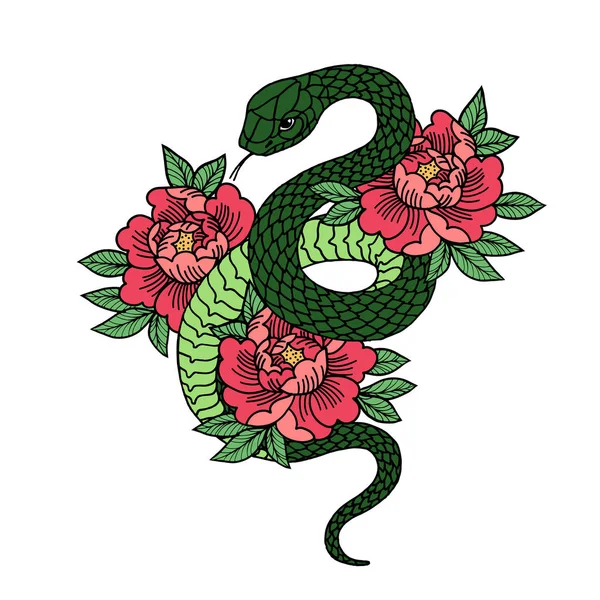 Tatuaje con rosa y serpiente con marco de geometría sagrada. — Vector de stock