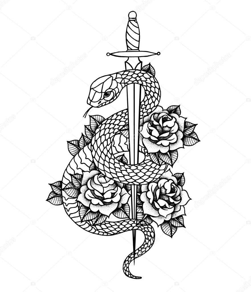 Tattoo with roses and snake, sword and dagger.