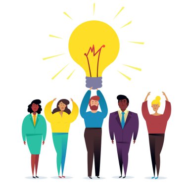 Ampul. İnsanlar bir takımda çalışır ve hedefe ulaşırlar. Vektör illüstrasyonu.