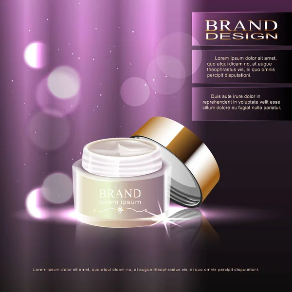 Container cosmetic cream, dazzling advertisement for cosmetics with bokeh. 3D illustration.
