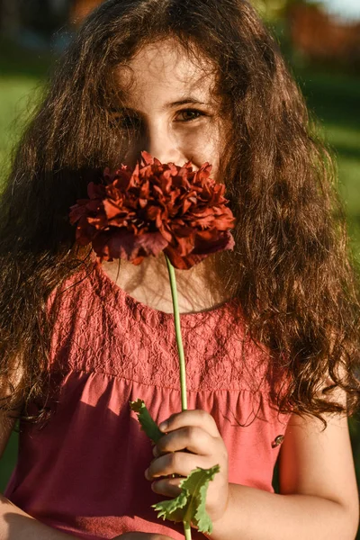 Mädchen über die Natur und schöne Haarblume — Stockfoto