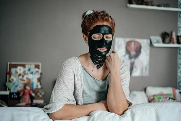 Girl Black Mask Skin Care Cosmetology — Stock Photo, Image