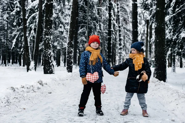 Menino Menina Inverno Crianças Tempo Nevado Conto Fadas Inverno Conceito — Fotografia de Stock
