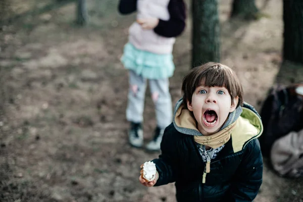 Malý Chlapec Přírodě Jíst Cupcake — Stock fotografie