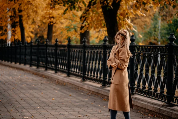 Fille Heureuse Avec Les Cheveux Longs Dans Parc Marchant Extérieur — Photo