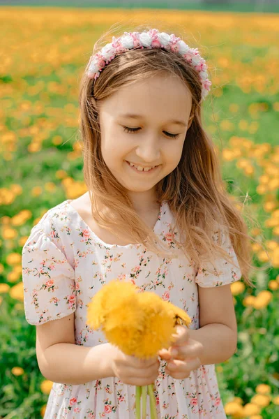 Livre Primavera Rapariga Dos Dentes Leão Retrato — Fotografia de Stock