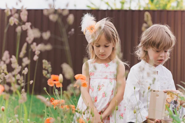 Pojke Och Flicka Friska Luften Kommunikation Med Naturen Begreppet Vardag — Stockfoto