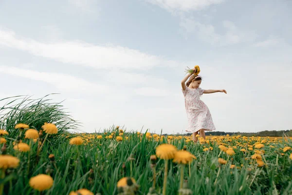 Open Air Spring Girl Dandelions Portrait — Stock Photo, Image