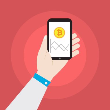 el bitcoin simge vektör tasarımı ile akıllı telefon tutarak