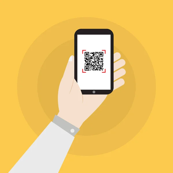 Mão segurando smartphone com design de vetor de ícone de código qr — Vetor de Stock