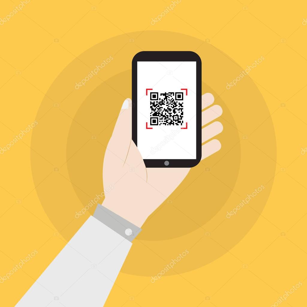 hand holding smartphone with qr code icon vector design