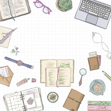 Kırtasiye düz yatıyordu, kitaplar, arka plan çalışma, yaratıcı yaşam tarzı, planlama El çizilmiş nesneler seti, illüstrasyon pastel renkler