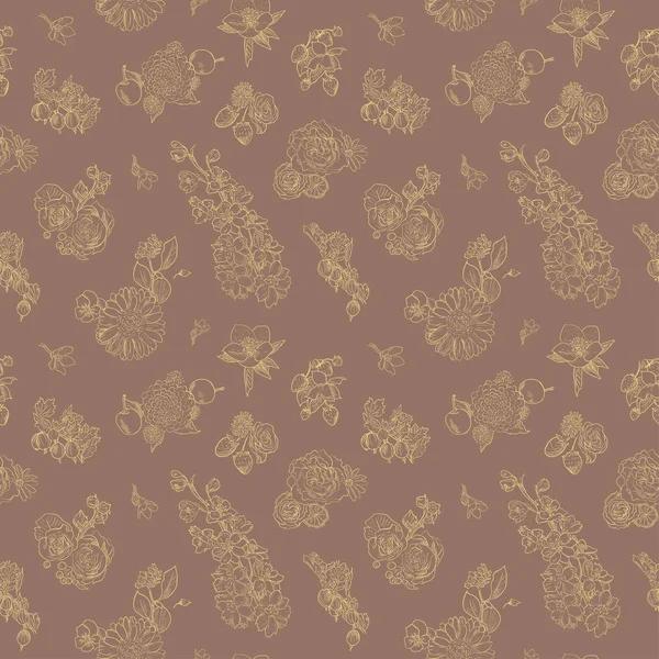 Wildblumen Beeren nahtlose Muster handgezeichnet Vektor Illustration Vintage-Stil Hintergrund Stachelbeeren, Erdbeeren — Stockvektor
