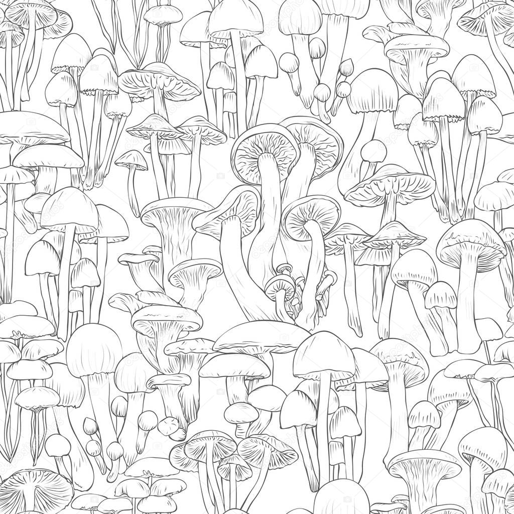 Mushrooms seamless pattern wallpaper. Line illustration black and white