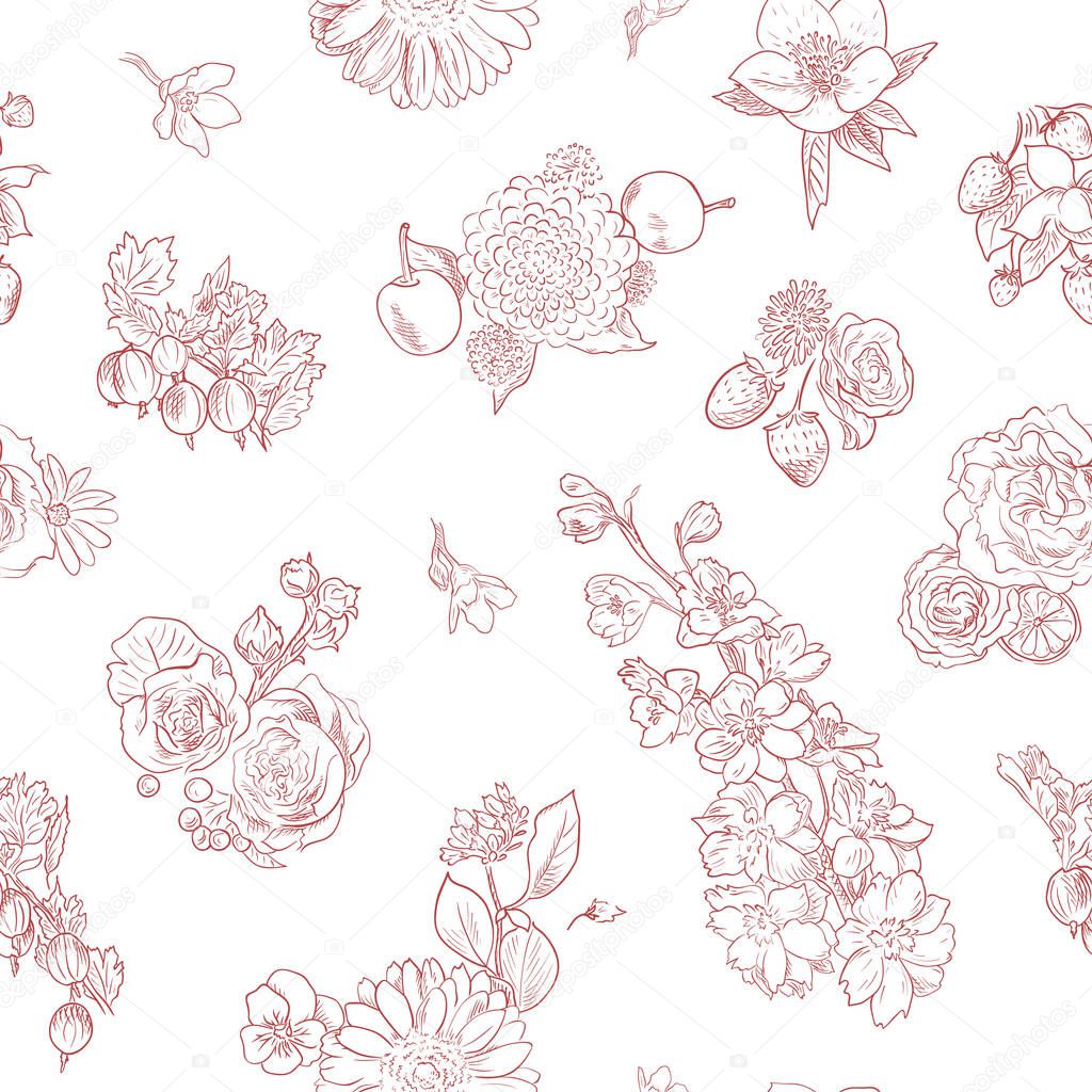 Wildflowers berries seamless pattern Hand drawn vector illustration vintage style Background gooseberries, strawberries