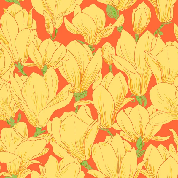 Modello Magnolia, linea ornamento floreale. Sfondo senza cuciture. Illustrazione disegnata a mano in stile vintage, arancione neon — Vettoriale Stock