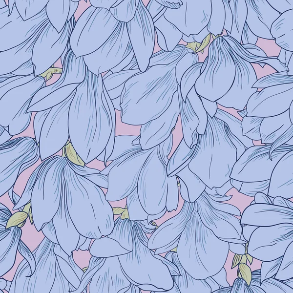 Patrón Magnolia, adorno floral de línea azul. Fondo sin fisuras. Ilustración dibujada a mano en estilo vintage, color azul — Vector de stock