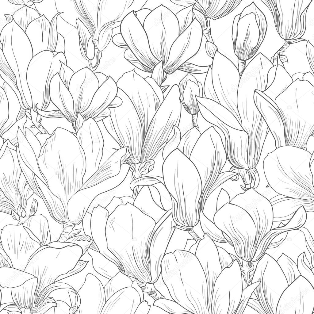 Magnolia pattern, line floral ornament. Seamless background. Hand drawn illustration in vintage style, white, black