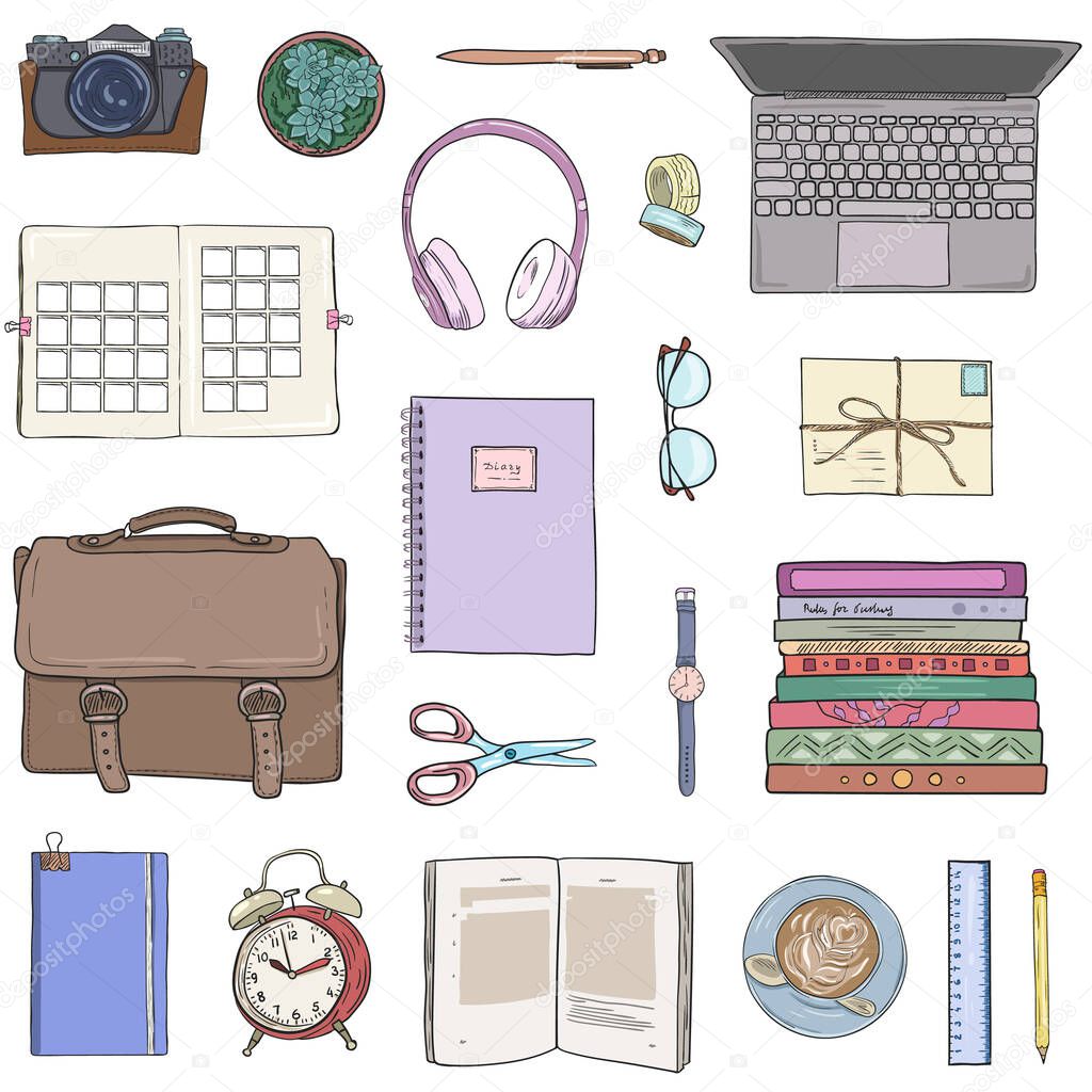 Top view of workplace, office supplies and gadgets. Flat lay view from above. Vector illustration creative study space