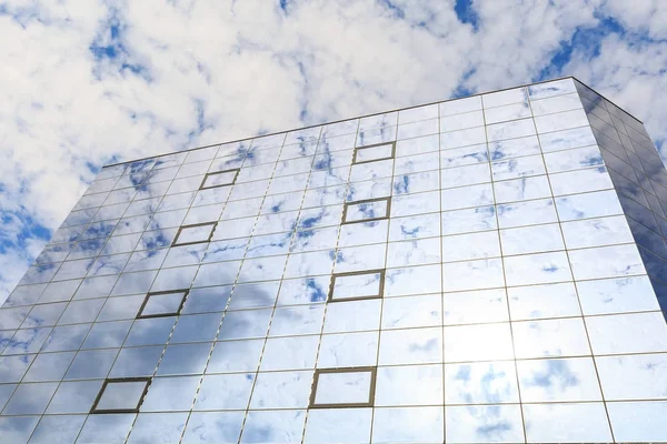 블루 구름과 태양은 현대적인 건물의 창의 유리에 반영 됩니다. 오른쪽 보기 — 스톡 사진