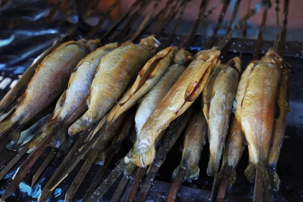 Deliciosas Trutas Espetos Assados Uma Grelha — Fotografia de Stock