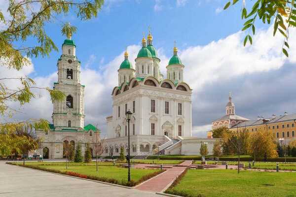 ASTRAKHAN, RUSSIA, 23 OCTOBER 2017: View of the Uspensky Cathedral and Prechistenskaya Bell Tower of the Astrakhan Kremlin on a sunny autumn day