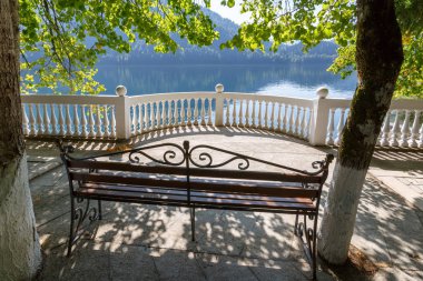 Ajur metal bankta bir yarım daire balkon pitoresk göl Ritsa, Abhazya, Gürcistan gün sessiz yaz kıyısında
