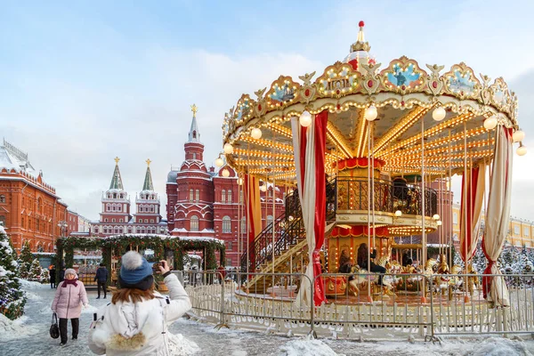 Moscow Russia February 2018 Tourist Photographs Carousel Manege Square New — Stock Photo, Image