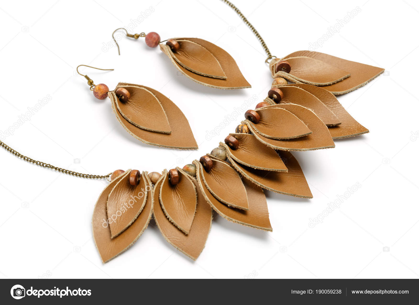 Original Handicraft Necklace Earrings Form Petals Made Brown Leather Stock Photo Original Handicraft Necklace Earrings Form Petals Made Brown Leather Stock Photo