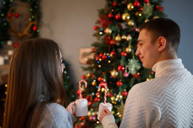 Mutlu genç çift yeni yılı evde süslü Noel ağacının yanında kutluyor.