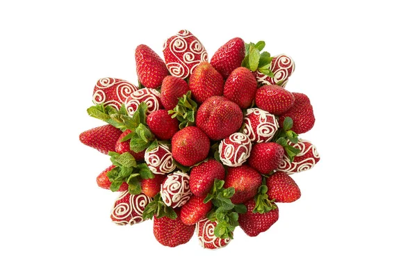 Bunch Ripe Strawberries Decorated White Chocolate Fresh Mint White Background — Stock Photo, Image