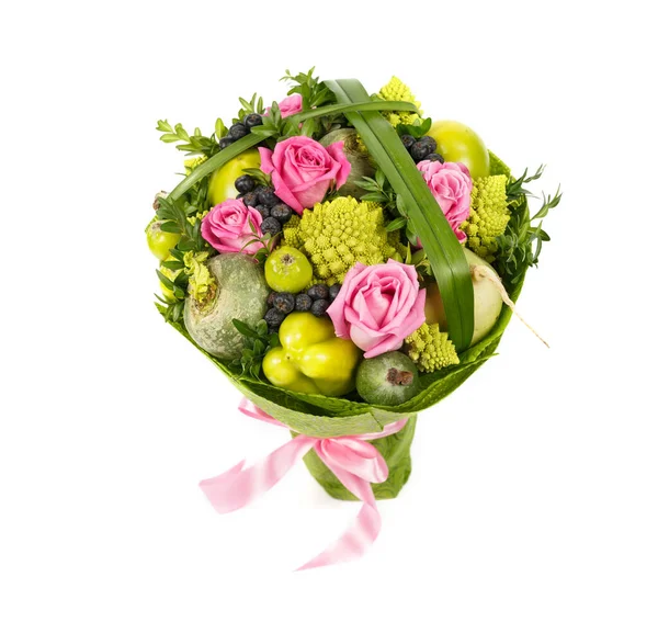 Unique vegetarian vegetable bouquet consisting of green paprika, cabbage, turnip and decorated with roses, isolated on a white background