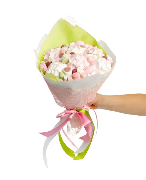 Bouquet Elegante Marshmallows Uma Mão Feminina Fundo Branco — Fotografia de Stock