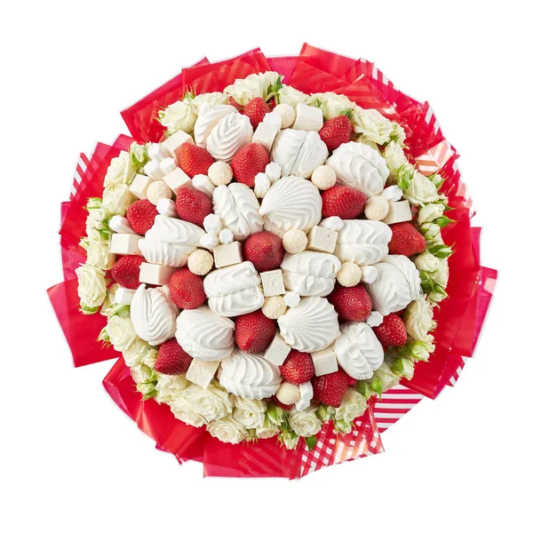 Krásná Kytice Bílých Růží Marshmallows Zralé Jahody Horní Pohled Izolovaný Royalty Free Stock Fotografie