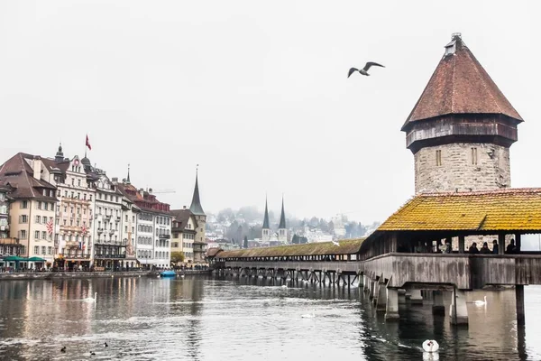 Vacanze in Europa - Bella vista nebbiosa del paesaggio invernale a Lucerna, Svizzera — Foto Stock