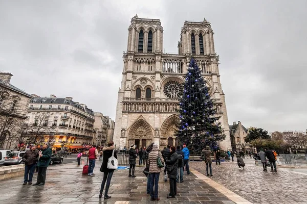 Vacaciones en Francia - Catedral de Notre-Dame y turista durante el invierno Navidad — Foto de Stock