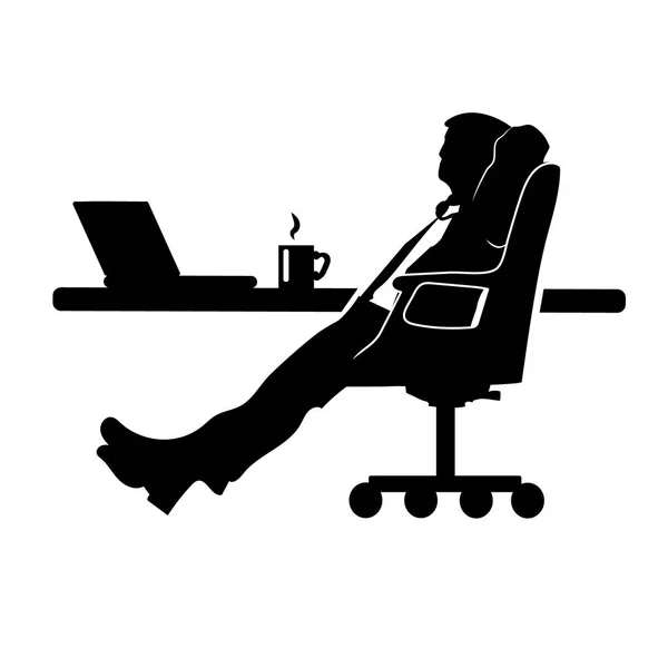 Zakenman silhouet van een man in een pak. Drinken uit een beker met een laptop. — Stockvector
