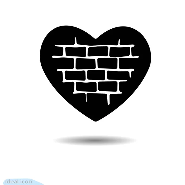 L’icône du cœur. Un symbole de l’amour. Valentin s. Couture. Mur de briques. Plat style de graphisme et webdesign, logo. Ombre. Noir comme du charbon. Beaucoup de suie. Cadre — Image vectorielle