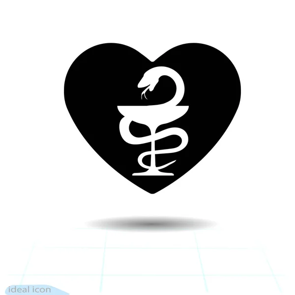 Coeur. Icône vector noir. Bol d’Hygie, symbole de la médecine et de pharmacie. Illustration isolé sur fond blanc. — Image vectorielle