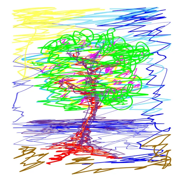 Albero deciduo Sakura. Stagno nel cielo. Illustrazione vettoriale Doodle isolata su sfondo bianco — Vettoriale Stock