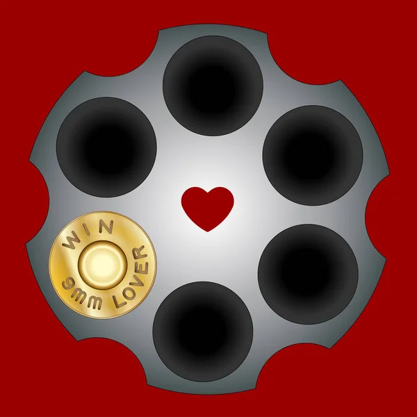 Shot bullets Saint Valentine isolated on white background. Caliber of weapon bullets icon flat. Heart firing pin weapon. Vector illustration symbol. Lover weapons 9 mm. drum revolver — Stock Vector