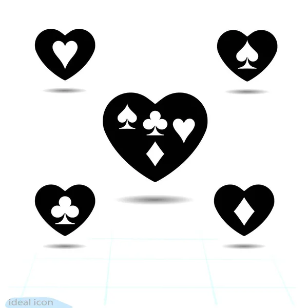 Set, kit, icono del corazón. Un símbolo de amor. San Valentín con el letrero jugando a los palos de cartas. Estilo plano para diseño gráfico y web, logotipo. Sombra de marco. Adicción a la adrenalina — Archivo Imágenes Vectoriales