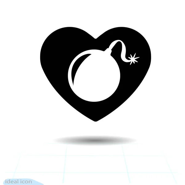 Икона сердца. Символ любви. День Святого Валентина со знаком бомбы. Плоский стиль для графического и веб-дизайна, логотип. Адреналиновая зависимость. Векторная бомба, предупредительный знак взрыва. — стоковый вектор
