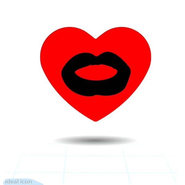 Ícone de um coração vermelho e impressão labial, feriados de dia dos namorados e amor de vetor. — Vetor de Stock