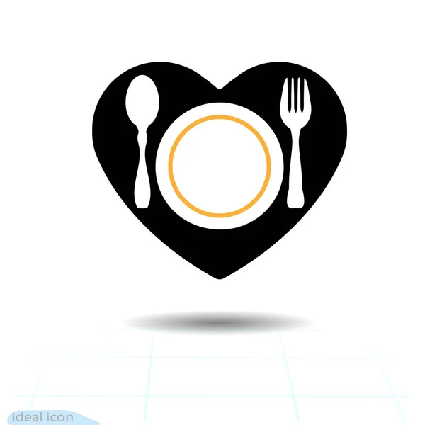 Icono negro de la cuchillería en la forma de un corazón. Siluetas de tenedor, plato y cuchara. Ilustración de vector. Solicitar a nuevos clientes para el día de San Valentín. Comida, bebida — Archivo Imágenes Vectoriales