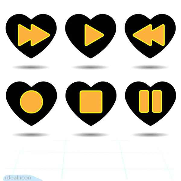 Herzvektor schwarzes Symbol, Liebessymbol. Set orangefarbener Media Player-Tasten im Herzen. Valentinstag-Schild, Emblem, flacher Stil für Grafik- und Webdesign, Logo. Mediensymbol. — Stockvektor