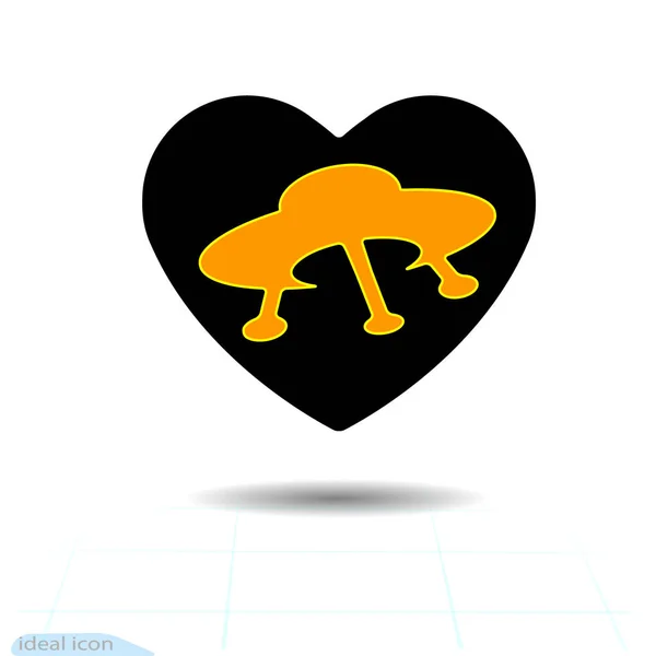 Corazón vector icono negro, símbolo de amor. OVNI en el corazón. Signo de San Valentín, emblema, estilo plano para diseño gráfico y web, logotipo. — Archivo Imágenes Vectoriales