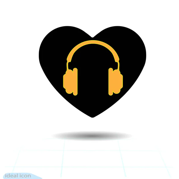 Corazón vector icono negro, símbolo de amor. Auriculares naranjas en el corazón. Signo de San Valentín, emblema, estilo plano para diseño gráfico y web, logotipo. Ilustración vectorial — Vector de stock