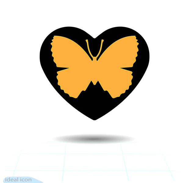 Corazón vector icono negro, símbolo de amor. Mariposa naranja en el corazón. Signo de San Valentín, emblema, estilo plano para diseño gráfico y web, logotipo. icono en plano. Vector. Las decoraciones de la fiesta. Tarjeta regalo. — Archivo Imágenes Vectoriales