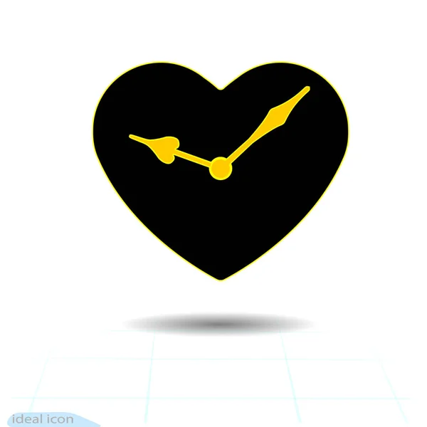 Icona del cuore nero di vettore. Mani arancione orologio nel cuore. Giorno di San valentino segno, emblema, stile piano per grafica e web design, logo. Di vettore, icona dell'orologio arancione. — Vettoriale Stock